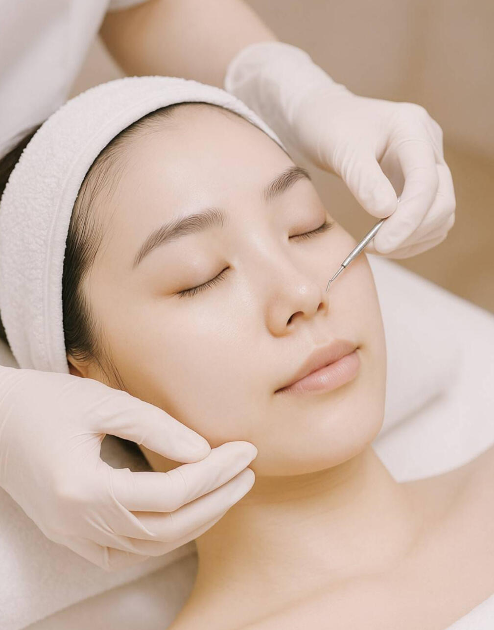 無痛粉刺清除+青春痘調理|專業美白抗老療程 美容師正在進行無痛粉刺清除與青春痘護理,搭配美白抗老療程,改善膚質與毛孔問題。